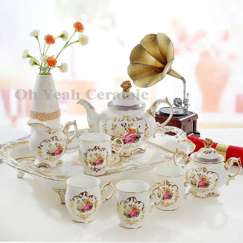 

Porcelain coffee set bone china flowers design outline in gold 8pcs European tea set coffee pot coffee jug tea cup tea tray