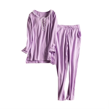

New 2018 Purple Pajamas Women Solid Lace 2 Pieces Set Long Sleeve Top + Pants Elastic Waist Lace Bordered Home Wear