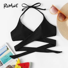 Romwe, спортивный бикини, топ, обёрточная бумага, Холтер, топы для плавания, женские летние, одноцветные, без косточек, v-образный вырез, с подкладкой, сексуальные пляжные лифчики, 4 цвета
