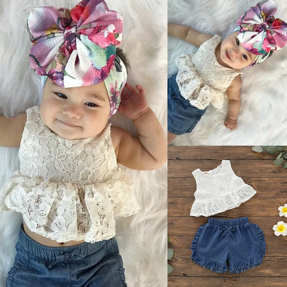 

2PCS Newborn Baby Girls 0-18M Lace Shirt+Tutu Ruffle Shorts Outfits Clothes Sunsuit