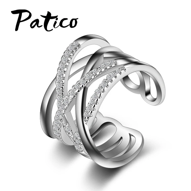 PATICO New Hot Punk Jewelry 925 Sterling Silver Austrian Crystal Weave Stylish Opening Adjustable Size Rings For Woman Girls