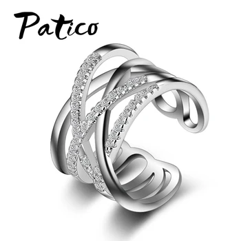 PATICO New Hot Punk Jewelry 925 Sterling Silver Austrian Crystal Weave Stylish Opening Adjustable Size Rings For Woman Girls