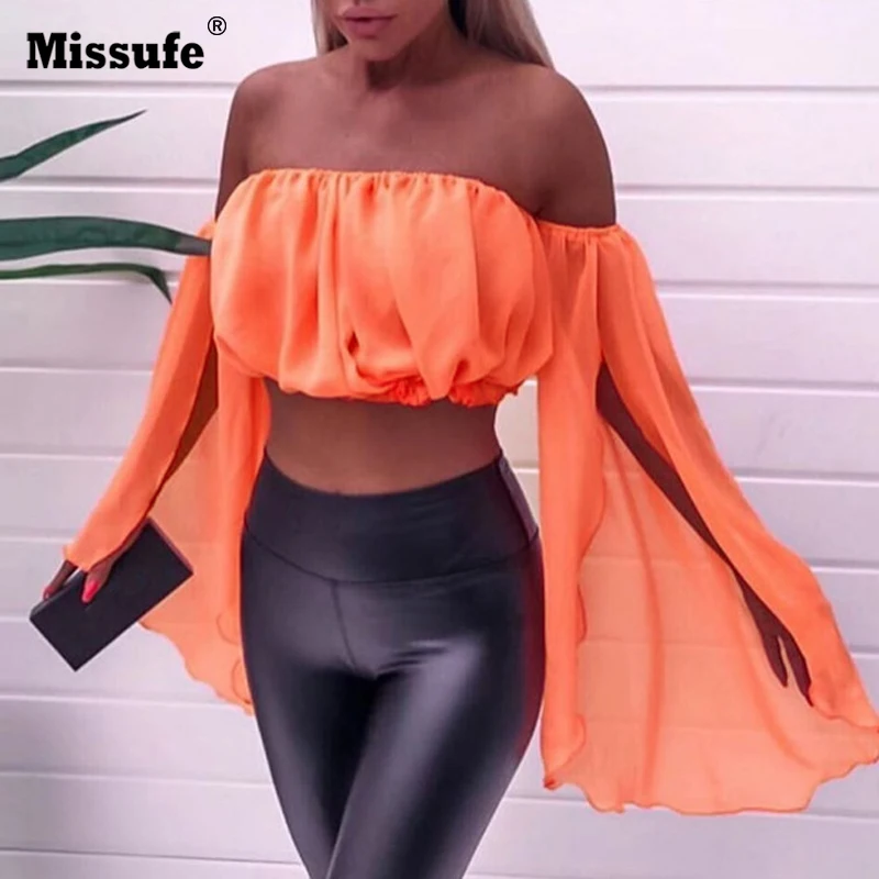 Missufe неоновые женские шифоновые блузки рубашки с вырезом лодочкой прозрачные