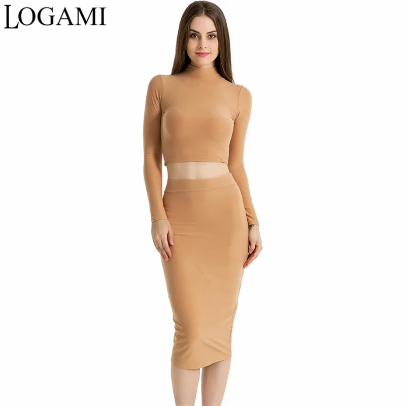 

LOGAMI Crop Top And Skirt Set Two Piece Set 2017 Long Sleeve Autumn Winter Dress Sexy 2 Pieces Sets Women Conjunto Feminino