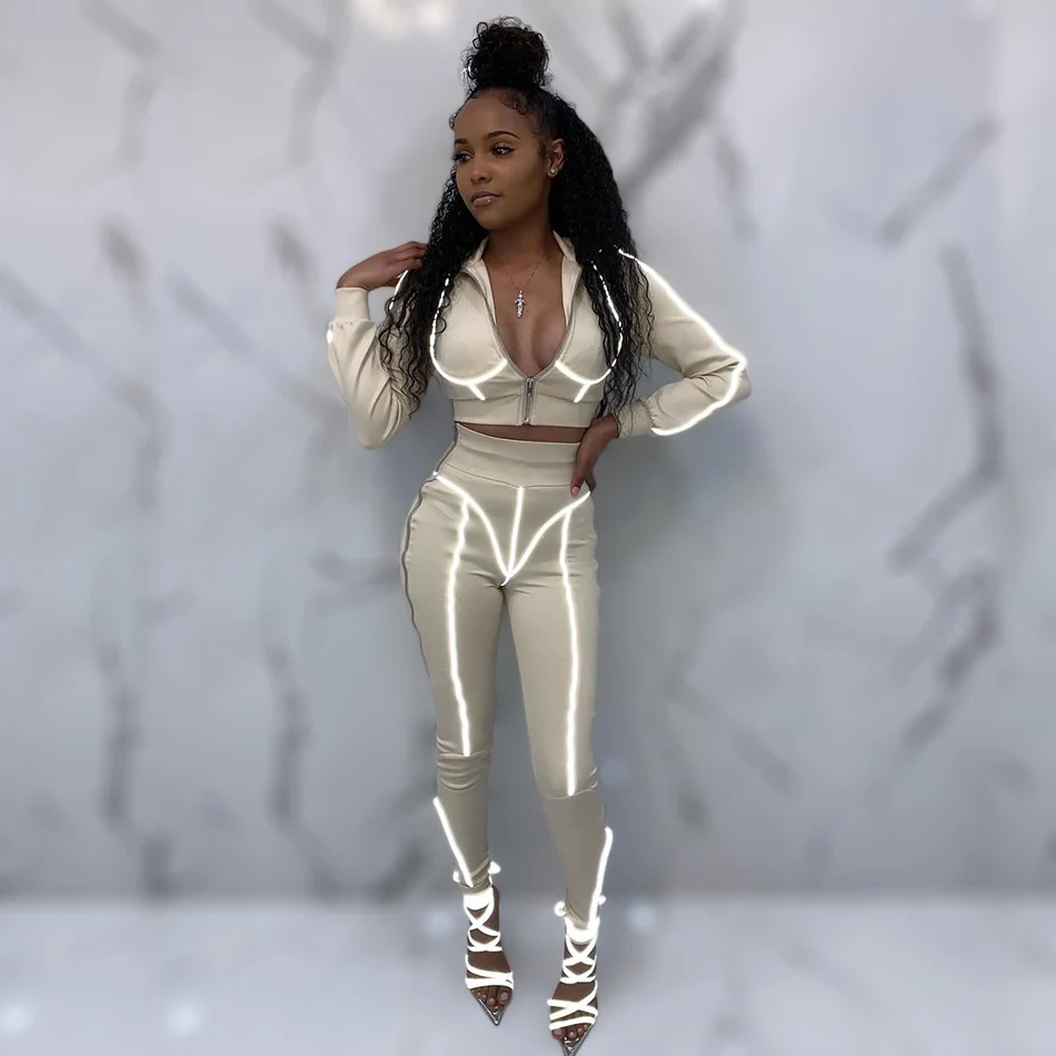 

Glowing Gymwear Pants Set Women Quality Hot Fashion 2019 Luminous Long Sleeve Jacket Sweat 2 Piece Set