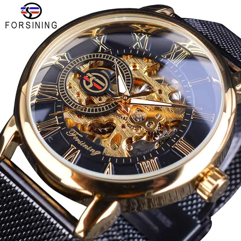Golden Black Forsining Ретро Модный дизайн скелет спортивные механические часы светящиеся руки прозрачный сетчатый браслет для мужчин лучший бренд класса люкс - Цвет: Golden Black