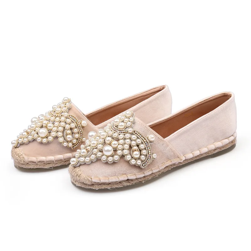 

Crystal Design Woman Velvet Flat Shoes Rhinestone Pearl Ladies Luxury Brand Espadrilles Loafers Spring Summer Fisherman Flats