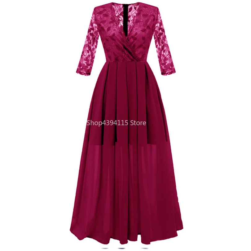 

Sexy Hollow Out Pink Chiffon Lace Dress Women Spring High Waist 3/4 Sleeve Dress Elegant Christmas Maxi Long Dress Vestidos