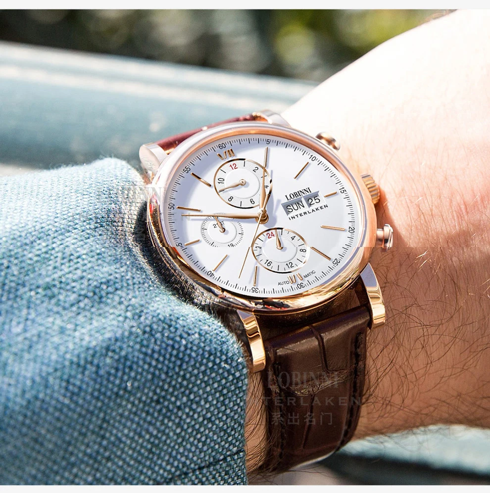 Switzerland LOBINNI Men Watches Luxury Brand Perpetual Calender Auto Mechanical Men's Clock Sapphire Leather relogio L13019-6