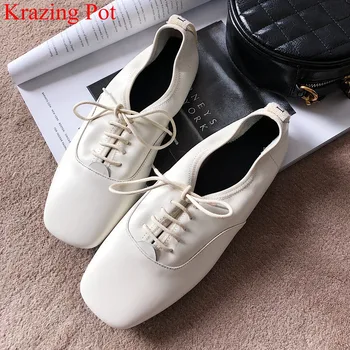 

fashion cow leather flat with lace up shallow women flats square toe sweet party elegant brand dance driving autumn shoes L96
