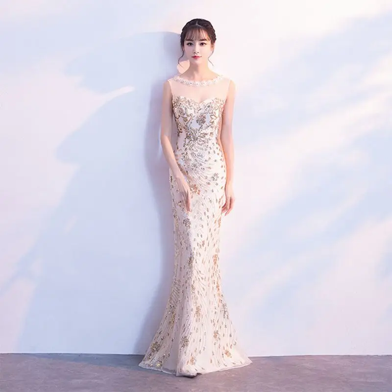 

New Floral Trim Female Cheongsam Gold Sequins Mermaid Qipao Sexy Evening Party Dress Women Full Length Clothing Size XS-XXL