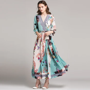 

2017 Autumn New Fashion Runway Maxi Dress Women V-Neck Elegant Party Belted Wrap Floral Print Vintage Indie Folk Long Dress