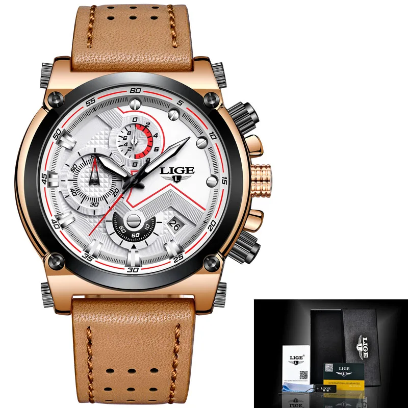 Reloje LIGE мужские часы, мужские кожаные автоматические кварцевые часы с датой, мужские роскошные брендовые водонепроницаемые спортивные часы, мужские часы - Цвет: Silver brown white