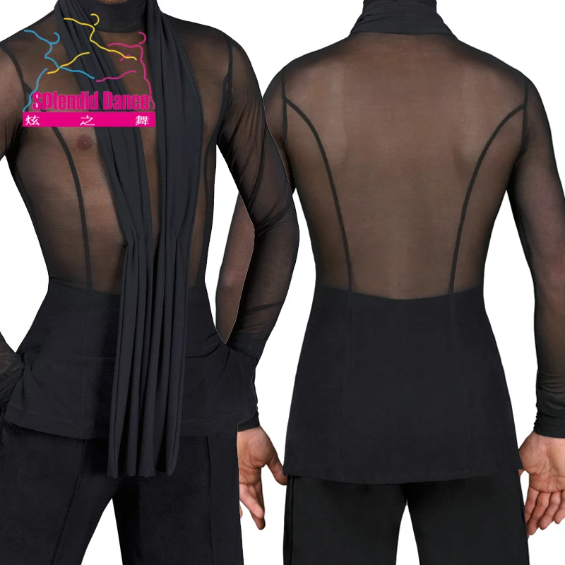 Dance Shirts Fantasia Latin Dance Tops Black Long Sleeve Stretch Shirt Men Ballroom Competitive