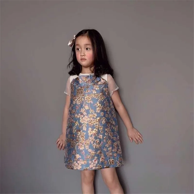 

Girls Blue Dress Gold Embroidery For Girls Formal Dresses Party Princess Dress Costume for Flower Children A-line Dress Clothed
