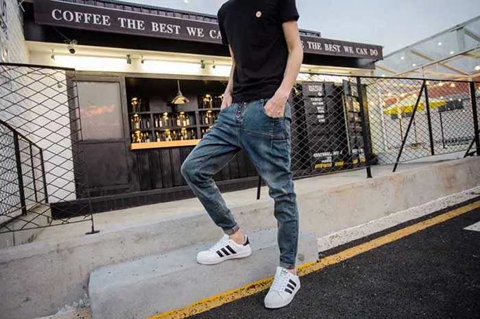 Японские Ретро вымытые старые джинсы, Мужские Винтажные свободные хип-хоп шаровары, большие размеры, обтягивающие тонкие брюки, мужская одежда