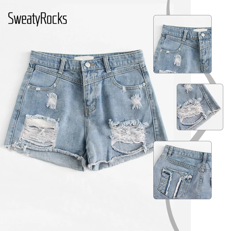 SweatyRocks/Рваные джинсовые шорты с потертостями по краям; женская уличная одежда; шорты с карманами и пуговицами; коллекция года; Летние повседневные шорты синего цвета в стиле рок