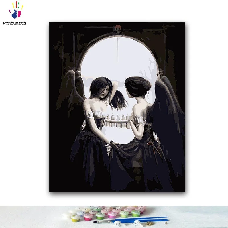 

DIY Coloring paint by numbers Woman with white skull and two black wings paintings by numbers with kits 40x50 framed