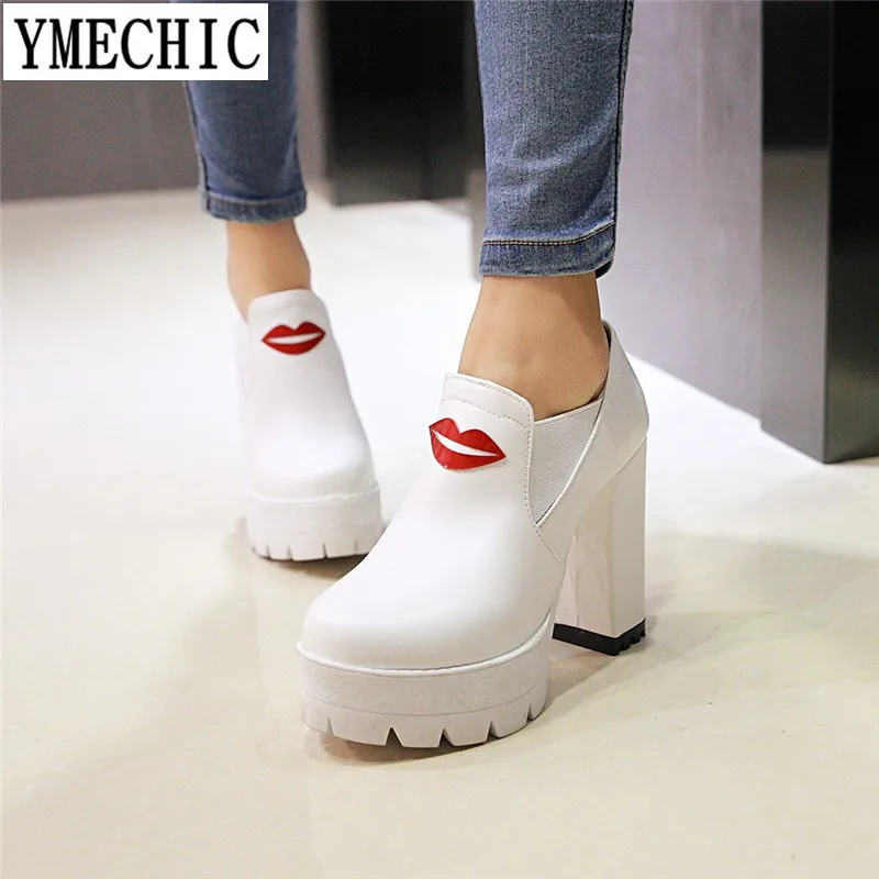 

YMECHIC 2018 Platform Slip on Extreme High Heels White Wedding Shoes Gladiator Chunky High Heel Black Spring Plus Size Pumps