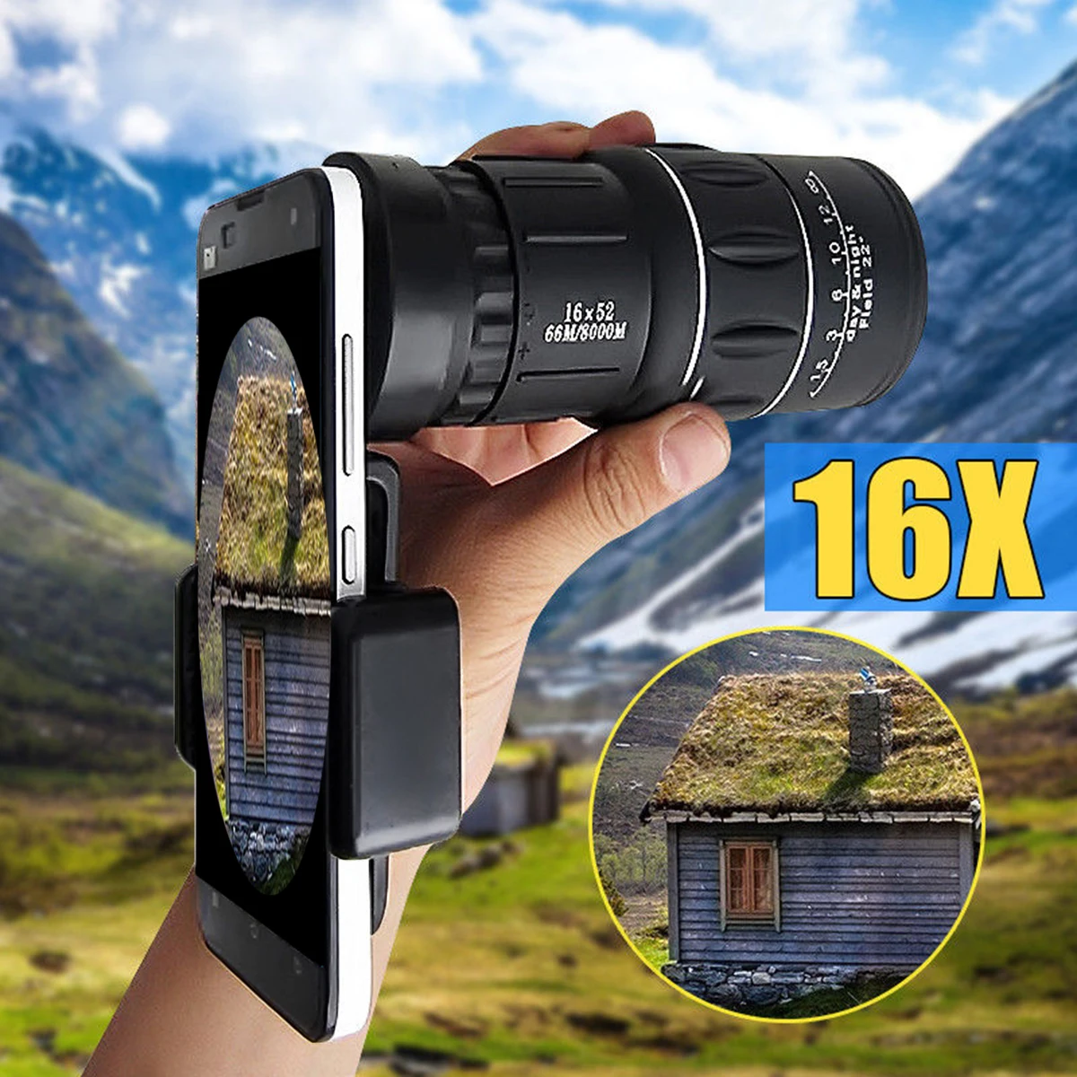Монокулярный монокулярный смартфон 16x52 Zoom HD камера для охоты + держатель телефона
