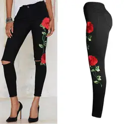 Популярные Для женщин цветочной вышивкой рваные Брюки для девочек стрейч Джинсы для женщин узкие брюки Повседневное девушка Джинсы для