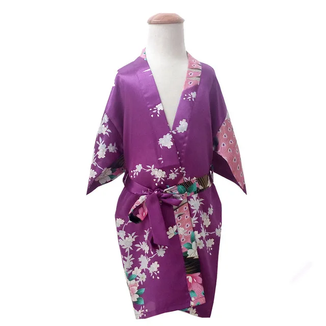 Голубой детский халат с павлином, детское атласное кимоно, халат подружки невесты, платье с цветочным узором для девочек, шелковая Детская Пижама-халат, S-4XL - Цвет: purple