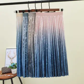 

2020 Autumn Winter Simplee Gold velvet Sweet Gradient High Waist Elastic Long Pleated Skirt A-line Metallic Skirts female X25