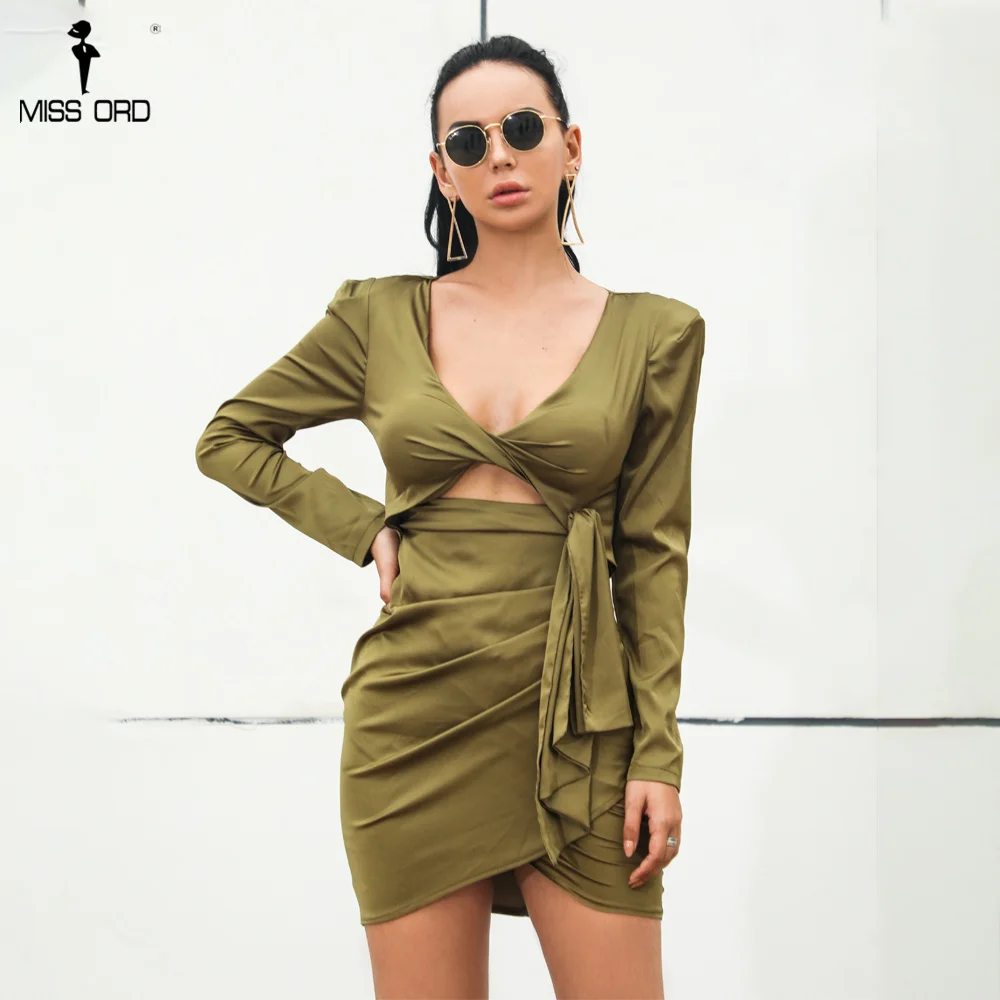 

Missord 2019 Women Sexy Deep V Solid Color Long Sleeve Draped Dress Lace-Up Dress FT18510-1