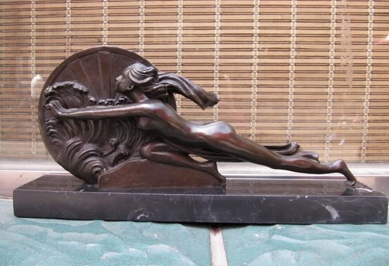 150401 S0197 Signed Bronze Statue Art Deco Nude Sculpture Marble