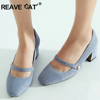 

REAVE CAT 2019 New Spring summer Shoes woman Middle heels Ladies pumps Round toe Slip on Casual Flock Pearl Cute shoes Hot A1658