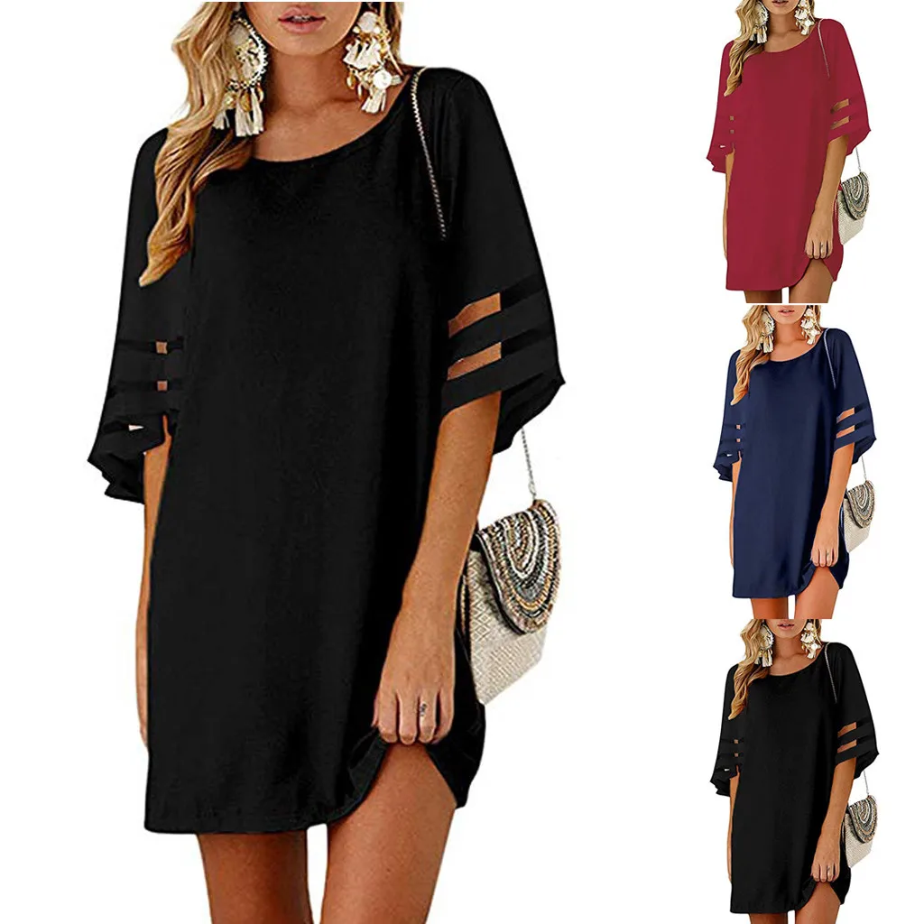 

Women Casual Chiffon Panel Flare Solid Splice Mesh Party Club Beach Mini Dress S-2XL