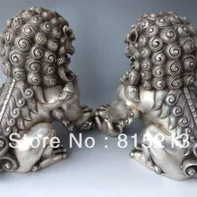 Ван 000246 " Пара Китайский Серебряный Гардиан Лев Foo Фу Собака Статуя