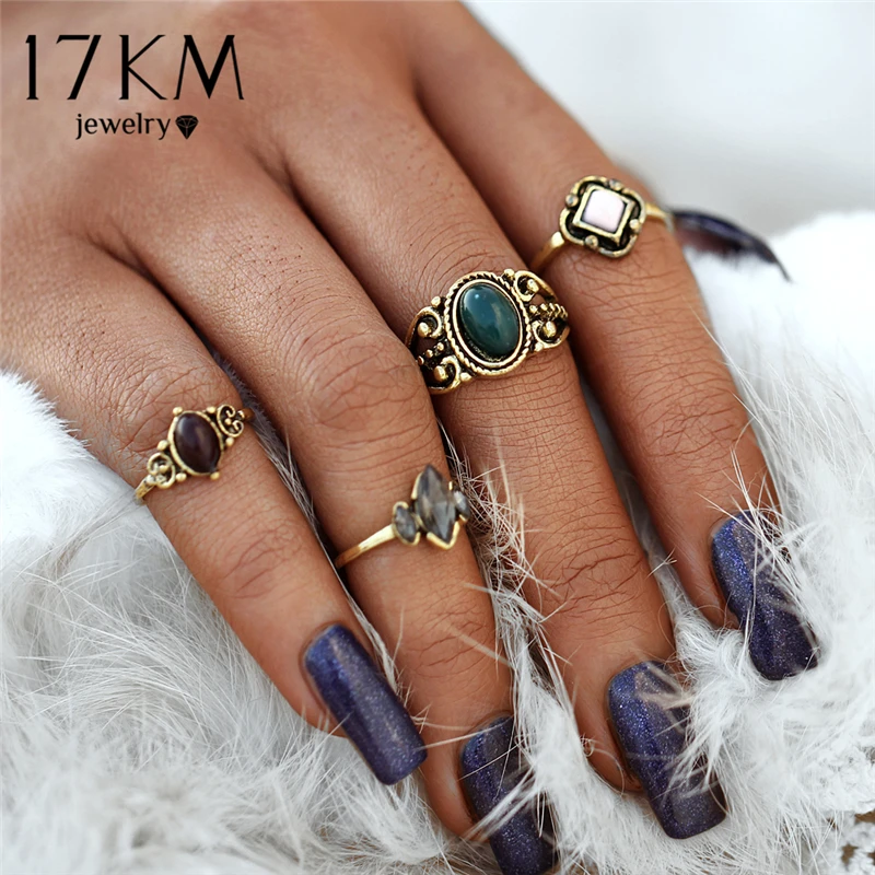 

17KM Bohemian Multicolor Turkish Flower Midi Rings Sets Punk Style Acrylic Crystal Party Rings for Women Anillos Man Jewelry