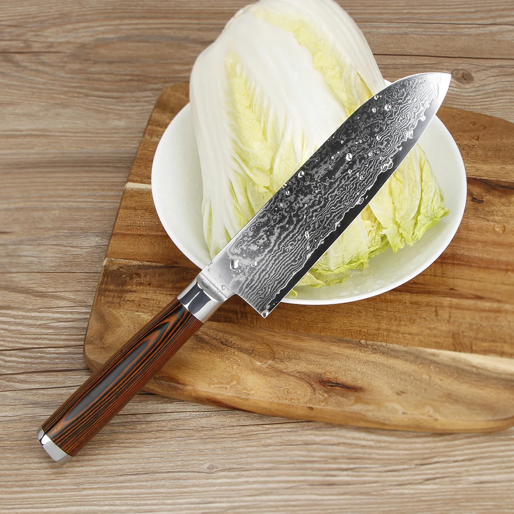 BIGSUNNY 7 дюймов Santoku нож для тонкой нарезки с деревянной ручкой Pakka, 67 слоев дамасской стали тонкое лезвие