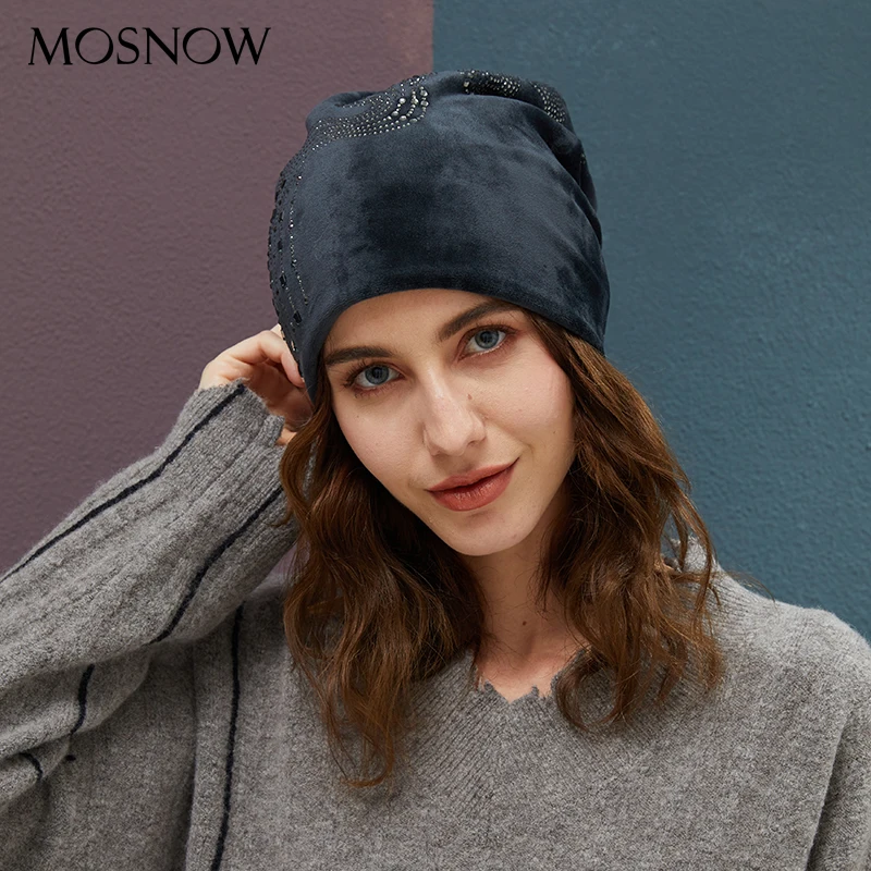 Ceny Zimowe damskie czapki aksamitne z kapeluszem Rhinestone rozciągliwe czapki z dzianiny damskie jesień 2019 nowe ciepłe Skullies Cap Casual Beanie Hot