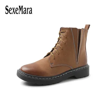 

SexeMara Women Motorcycle Boots Autumn Winter Round Toe Lace-up Female Warm Martin Boots Casual Woman Flat Platform Shoes 34-43