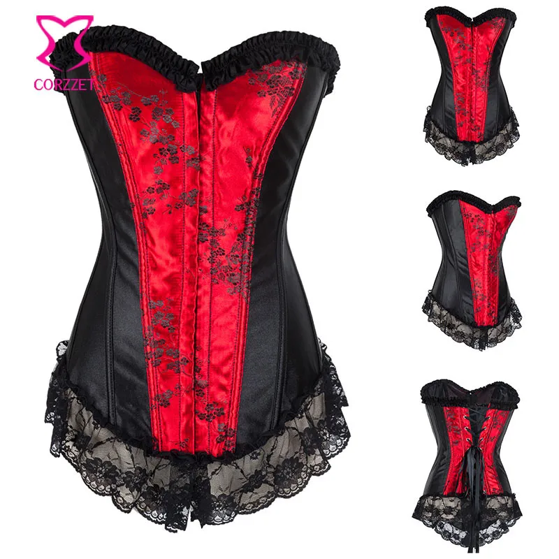 

Corzzet Steampunk Red Floral Lace Ruffles Overbust Corset Sexy Lingerie Gothic Bustier Top Corselet Corset Dress Gothic Clothes