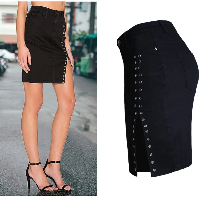 С боковыми Сексуальная заклепки черная юбка для женщин; Большие размеры эластичный Высокая Талия плотно Юбки-карандаши Юп карандаш