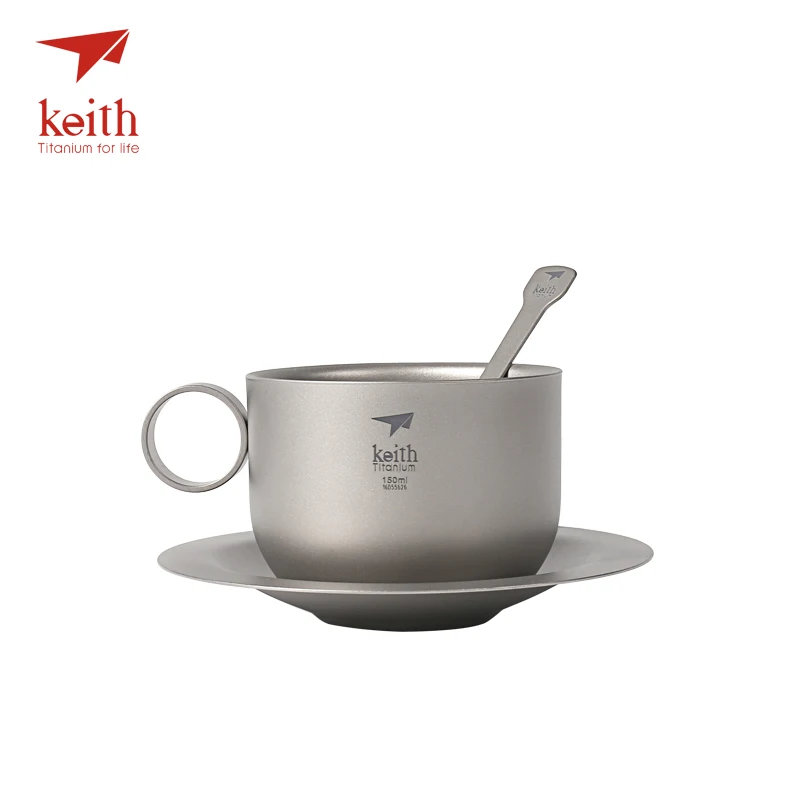 

Keith Titanium Camping Coffee Cup Set Titanium Saucer Spoon Ultralight Outdoor Travel Tablewares Tea Cups Set Mug 150ml Ti3601