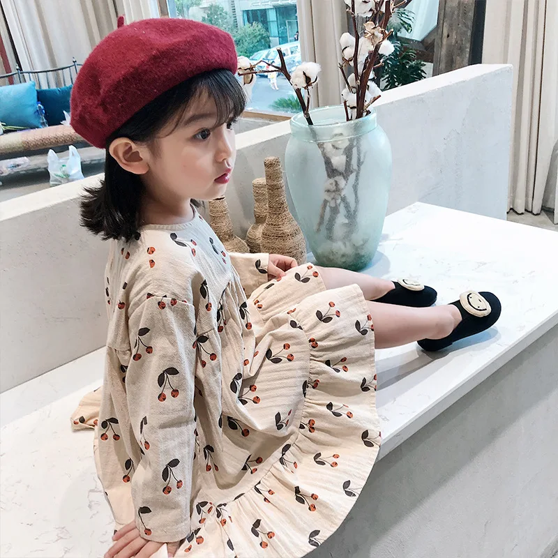 

2019 Spring Girls White Dress Cherry Print Cotton Girl Dresses Long Sleeve Princess Dress 2 Years Girls Dresses Kids Costume