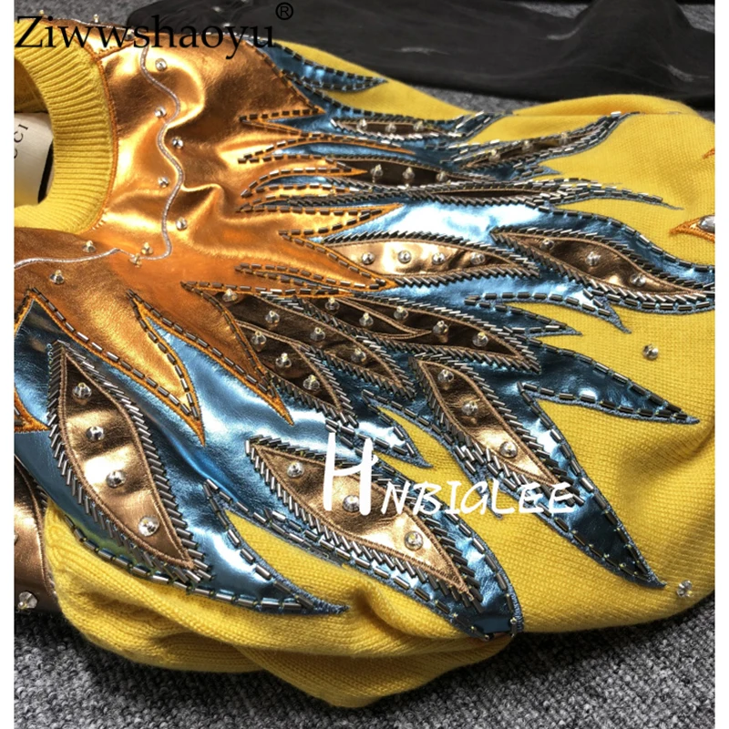 Métal Chandail Pull Laine En D'hiver Cuir Longues Manches Ziwwshaoyexquisite Perlée Texture Brodé Femmes De À 18 pq0FRw5