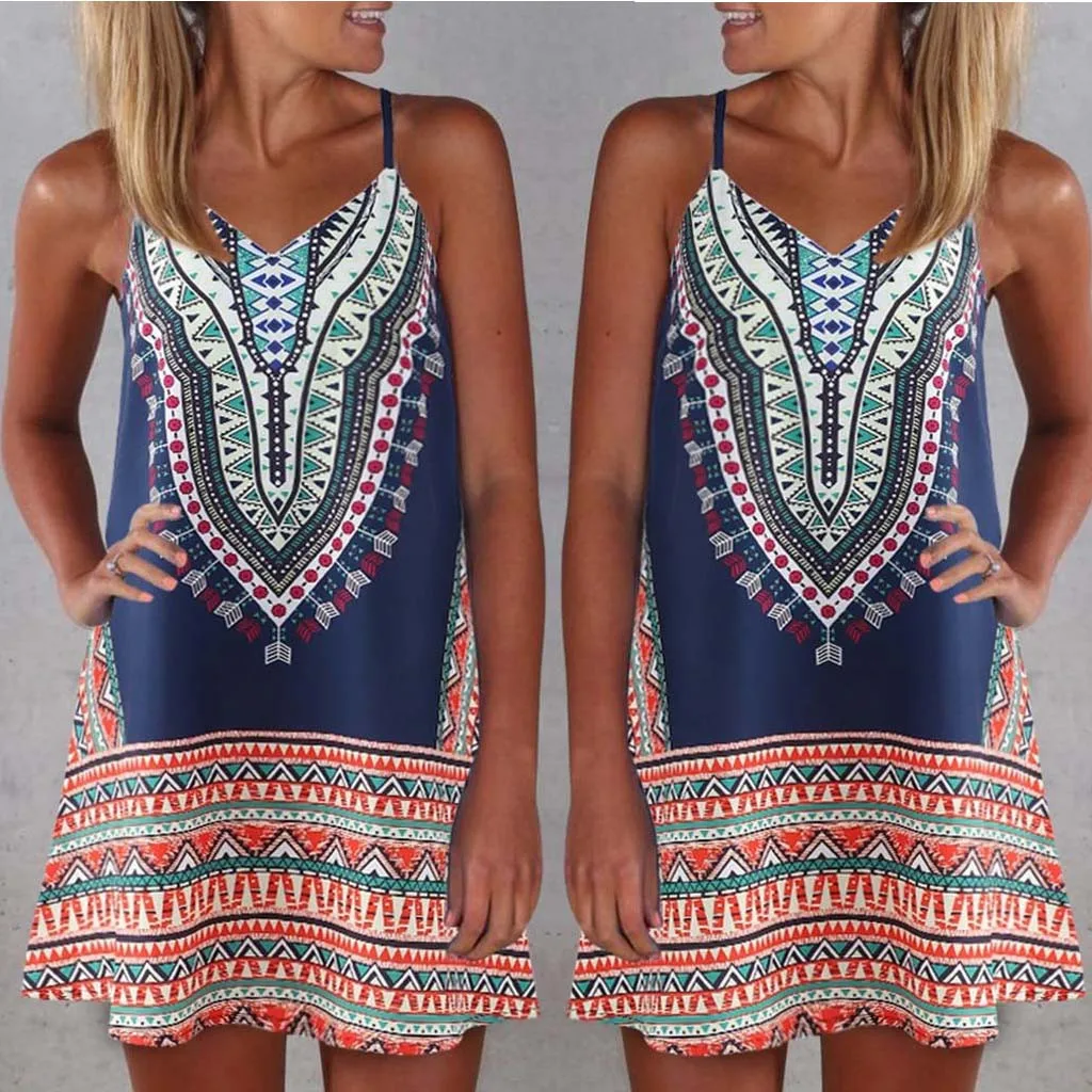 

2019 Vintage Dress Womens Summer Print Color Block Sleeveless Boho Style Vestidos Tops Summer Dress A-Line Maxi Beach Sundress