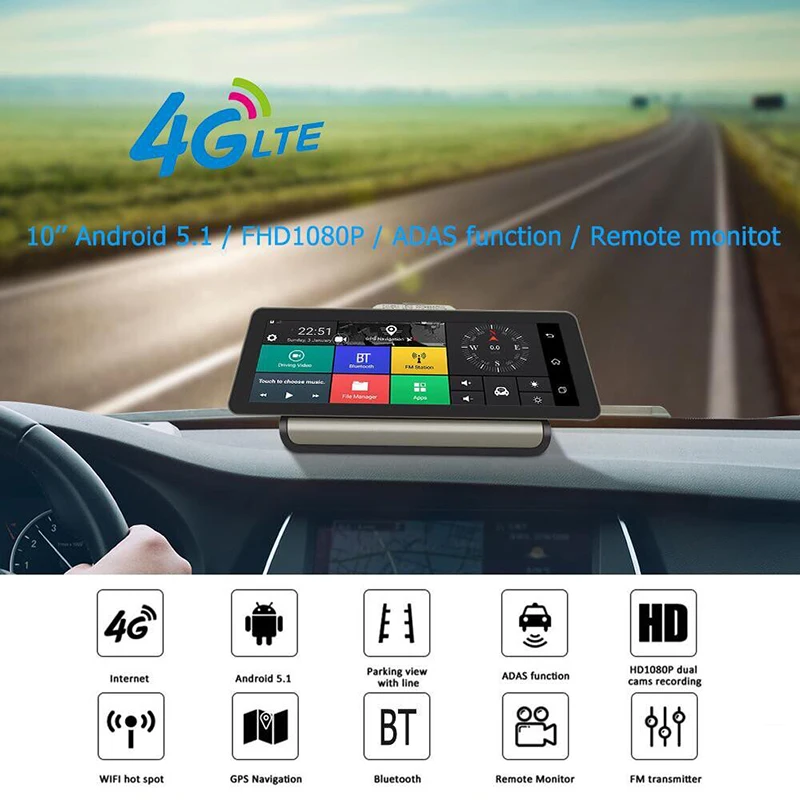 10 Inch 3G  4G Android Car DVR 1080P Video Camera GPS Navigation ADAS Full HD Camcorder Bluetooth WiFi Dual lens 18