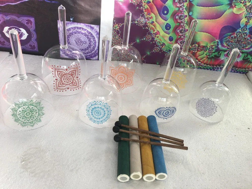 7pcs one set crystal singing bowls handle with chakras design C D E F G