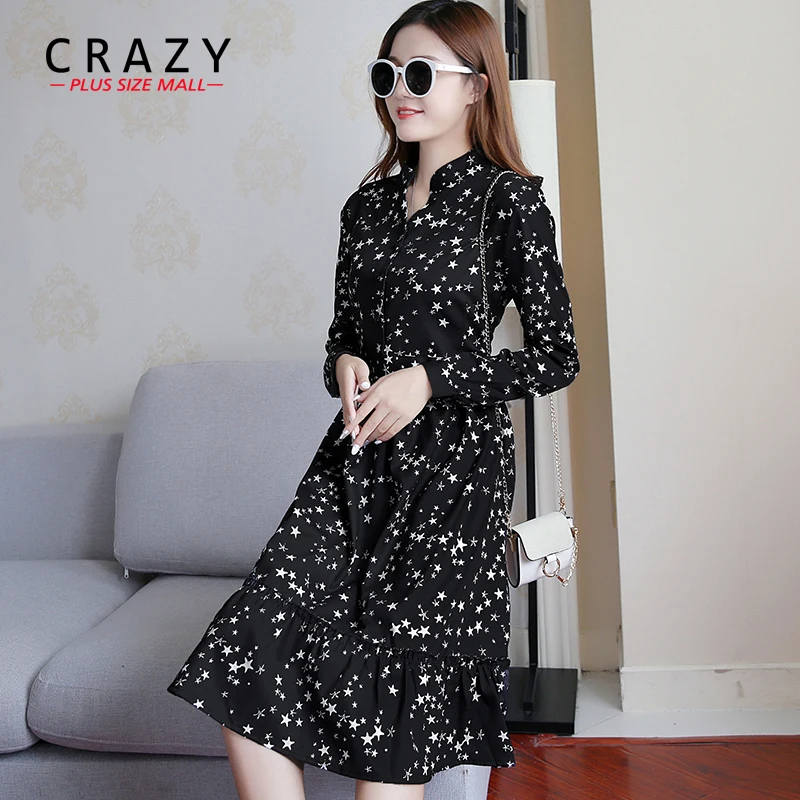 Plus Size Dress Autumn 2018 Women Slim Waist Long Sleeve Star Dress For