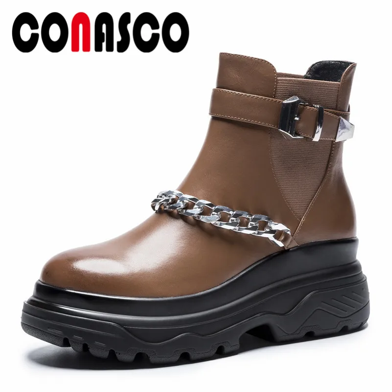 

CONASCO 2019 Fashion Platforms Ankle Boots Punk Rock Zipper Chunky High Heels Martin Boots Sexy Chains Motorcycle Boots