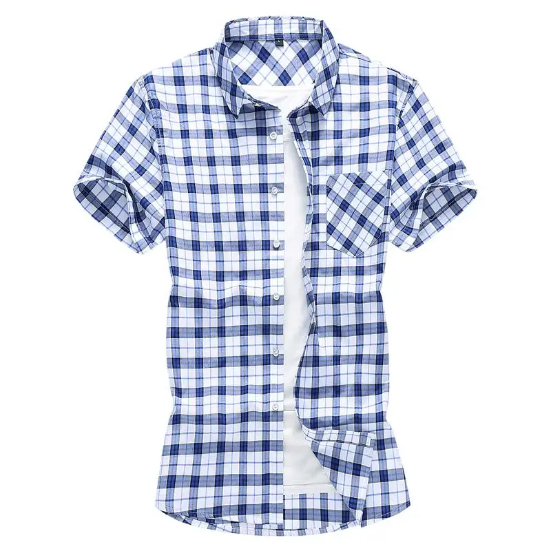 

Plus Size M-7XL Mens Dress Shirts Plaid Shirt Mens Clothing Casual Blouse Men Blue Summer New