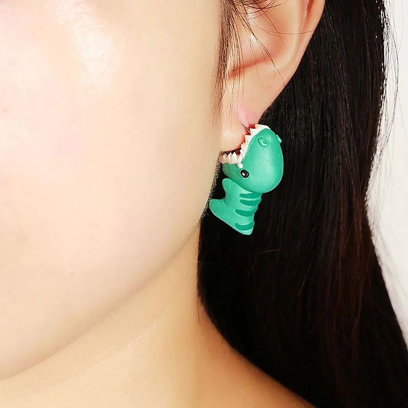 

Handmade Polymer Clay Cute Dinosaur Earrings Women Girls Fashion Asymmetry Animal Piercing Bite Ear Stud Earring Jewelry