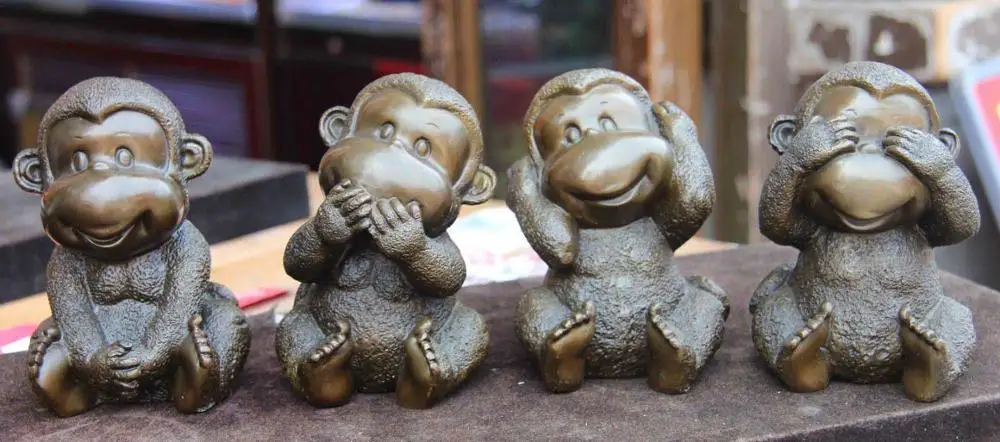 

Chinese Pure Bronze Copper Home Feng Shui lovely Four Monkey Monkeys Statue Set