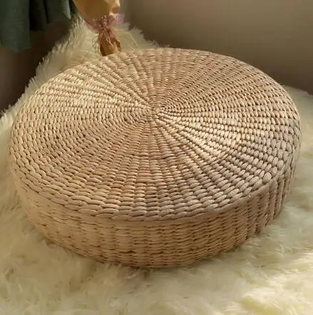 Hot 40cm*40cm Natural Straw Round Pouf Tatami Cushion Weave Handmade Pillow Floor Japanese Style Cushion with Silk Wadding - Цвет: brown